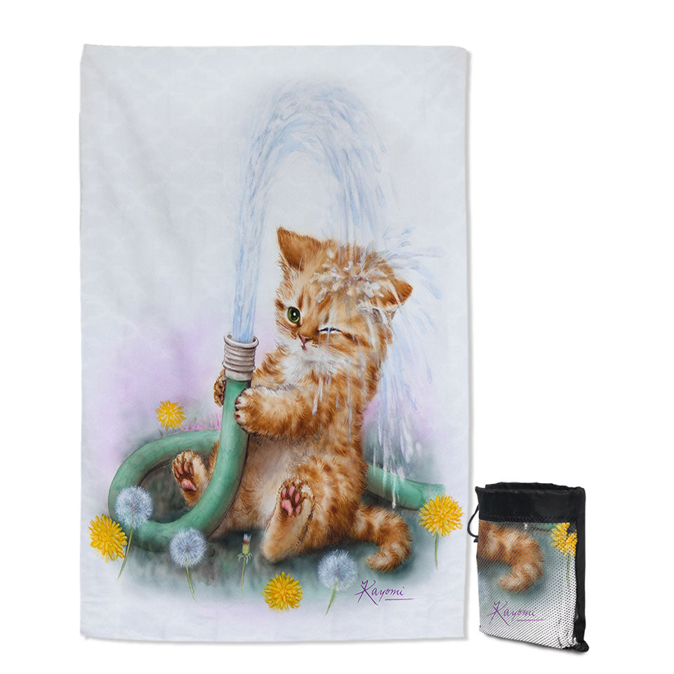 Funny Paintings Beach Towels for Kids Ginger Kitten Bath Time
