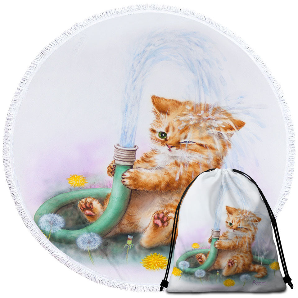 Funny Paintings Lightweight Beach Towel for Kids Ginger Kitten Bath Time