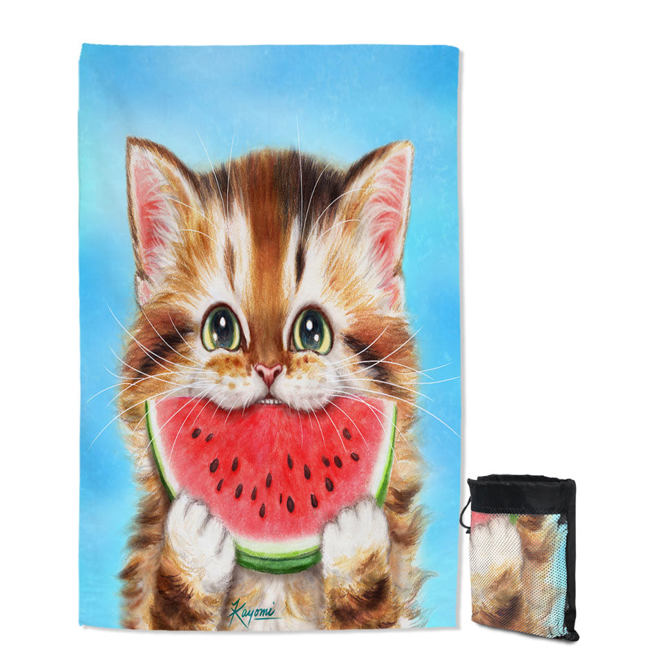Funny Paintings Quick Dry Beach Towel Watermelon Love Hungry Kitten