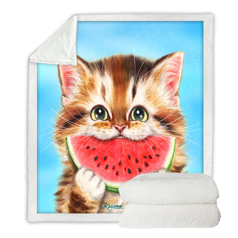 Funny Paintings Sherpa Blanket Watermelon Love Hungry Kitten