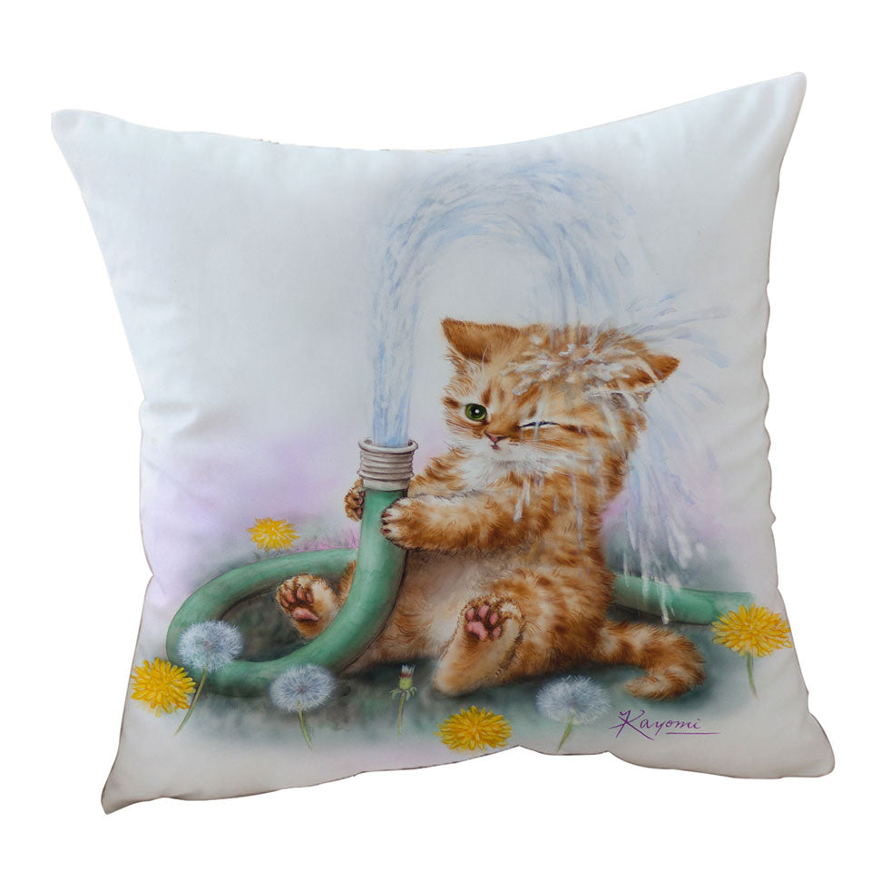 Funny Paintings Sofa Pillows for Kids Ginger Kitten Bath Time