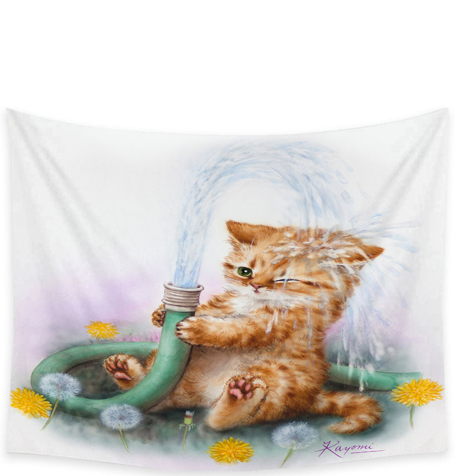 Funny Paintings Tapestries Wall Decor for Kids Ginger Kitten Bath Time