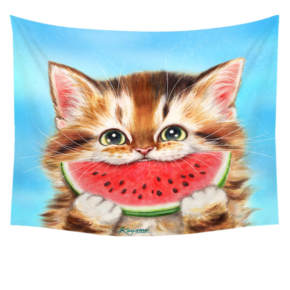 Funny Paintings Tapestry Watermelon Love Hungry Kitten Wall Hanging