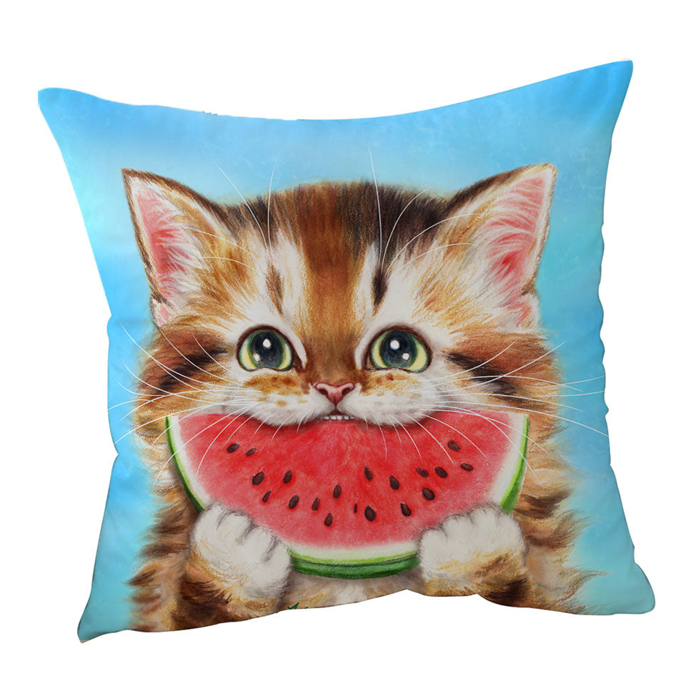 Funny Paintings Throw Pillow Cover Watermelon Love Hungry Kitten