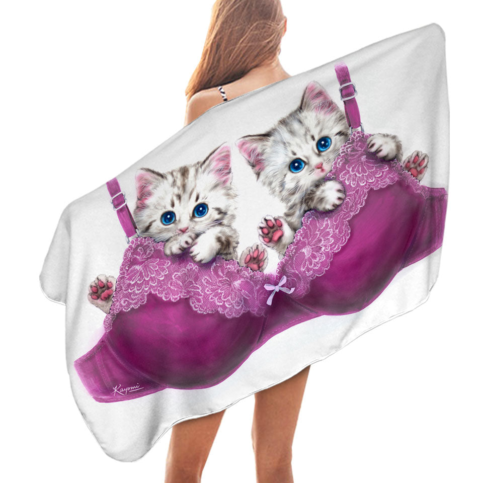 Funny Pool Towels Cats in Purple Bra Cute Grey Kittens