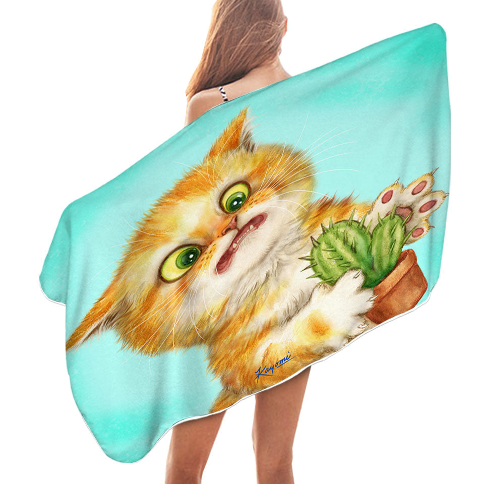 Funny Pool Towels Ginger Cat Playing with a Cactus