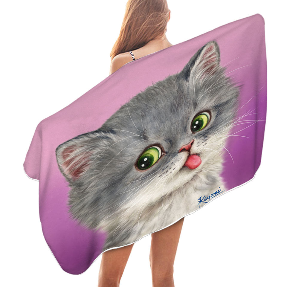 Funny Pool Towels Tongue Out Funny Face Grey Kitten Cat Beach Towels