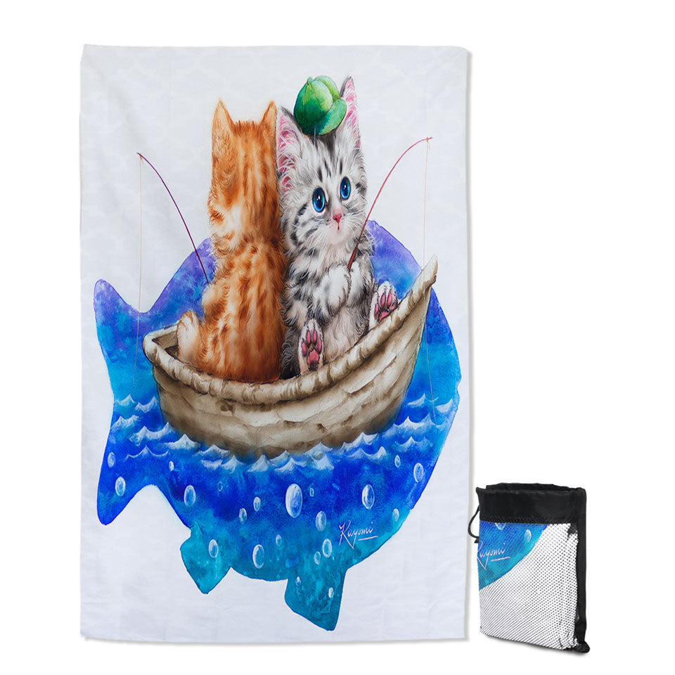 Funny Quick Dry Beach Towel Cats Art Drawing Fishing Buddies Kittens