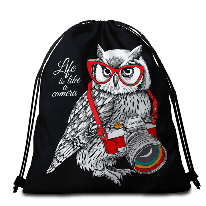 Funny Retro Beach Bags and Towels with Hipster Photographer Owl