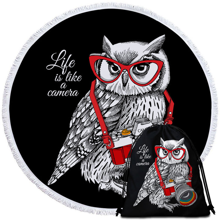 Funny Retro Beach Towels with Hipster Photographer Owl