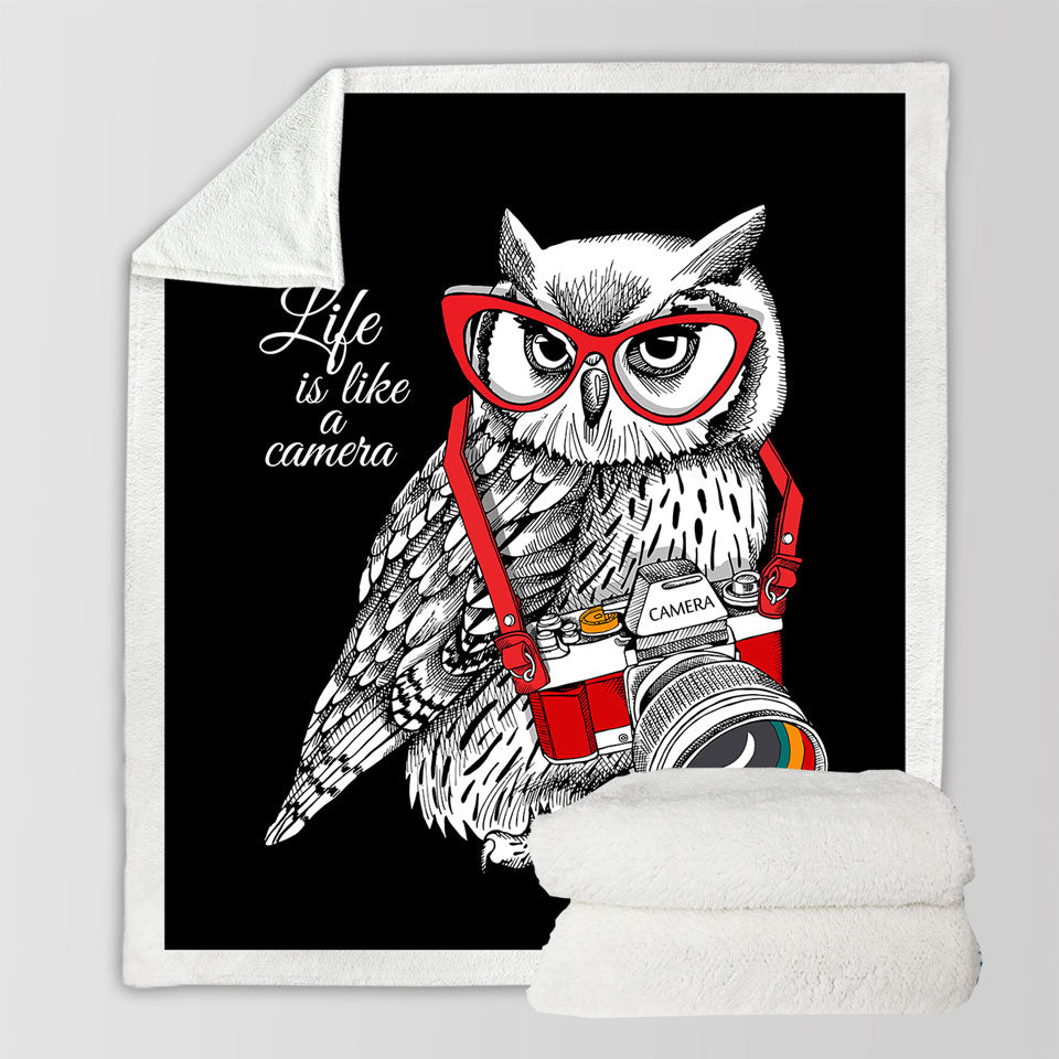 Funny Retro Fleece Blankets with Hipster Photographer Owl