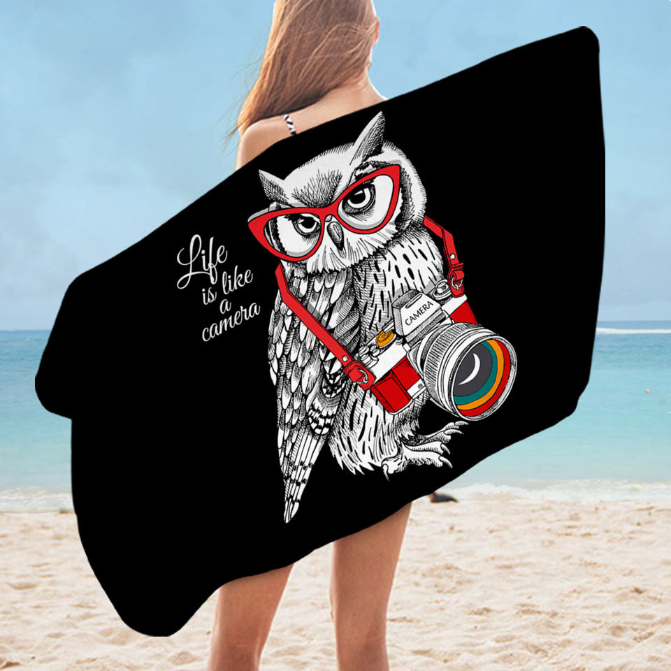 Funny Retro Microfibre Beach Towels with Hipster Photographer Owl