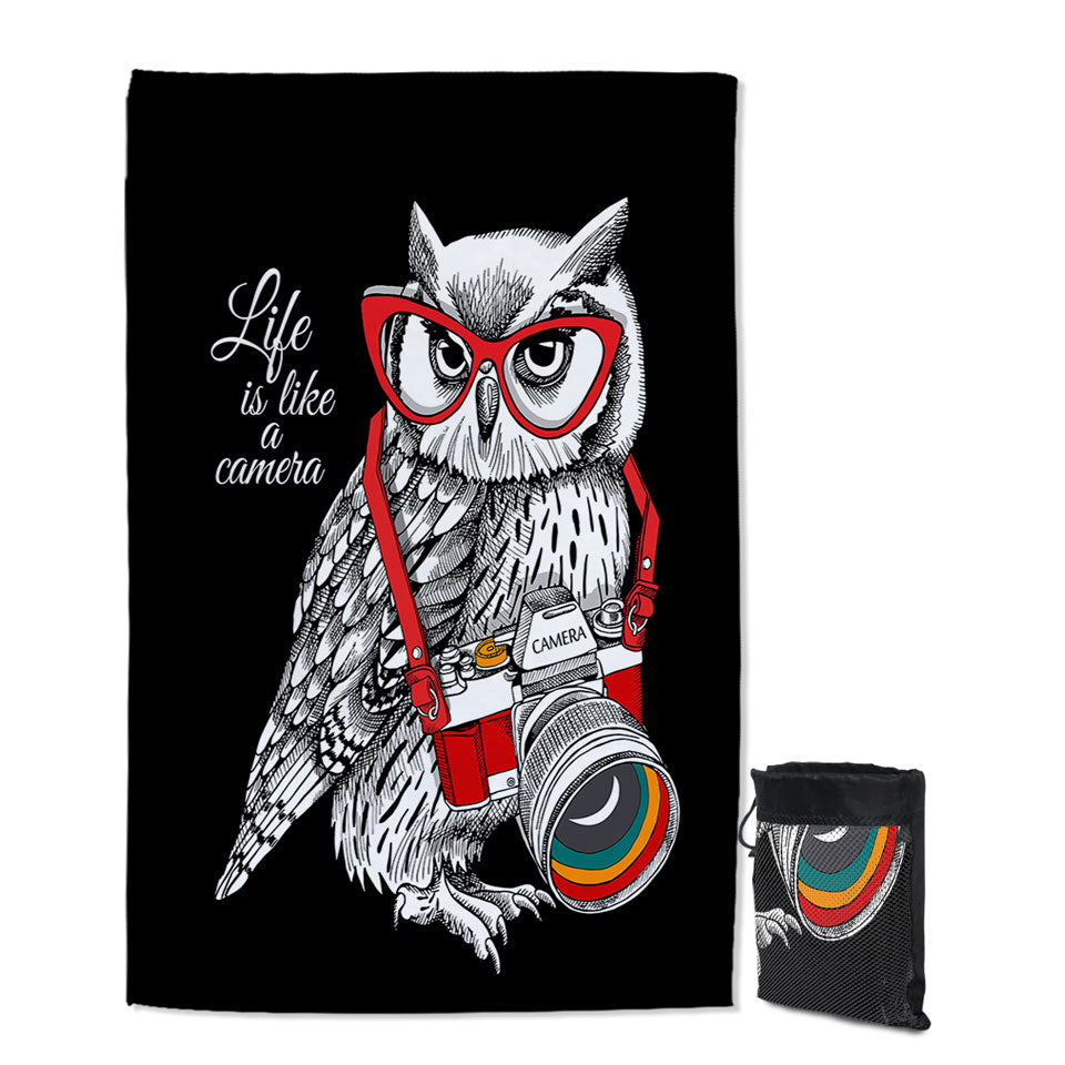 Funny Retro Swims Towel with Hipster Photographer Owl