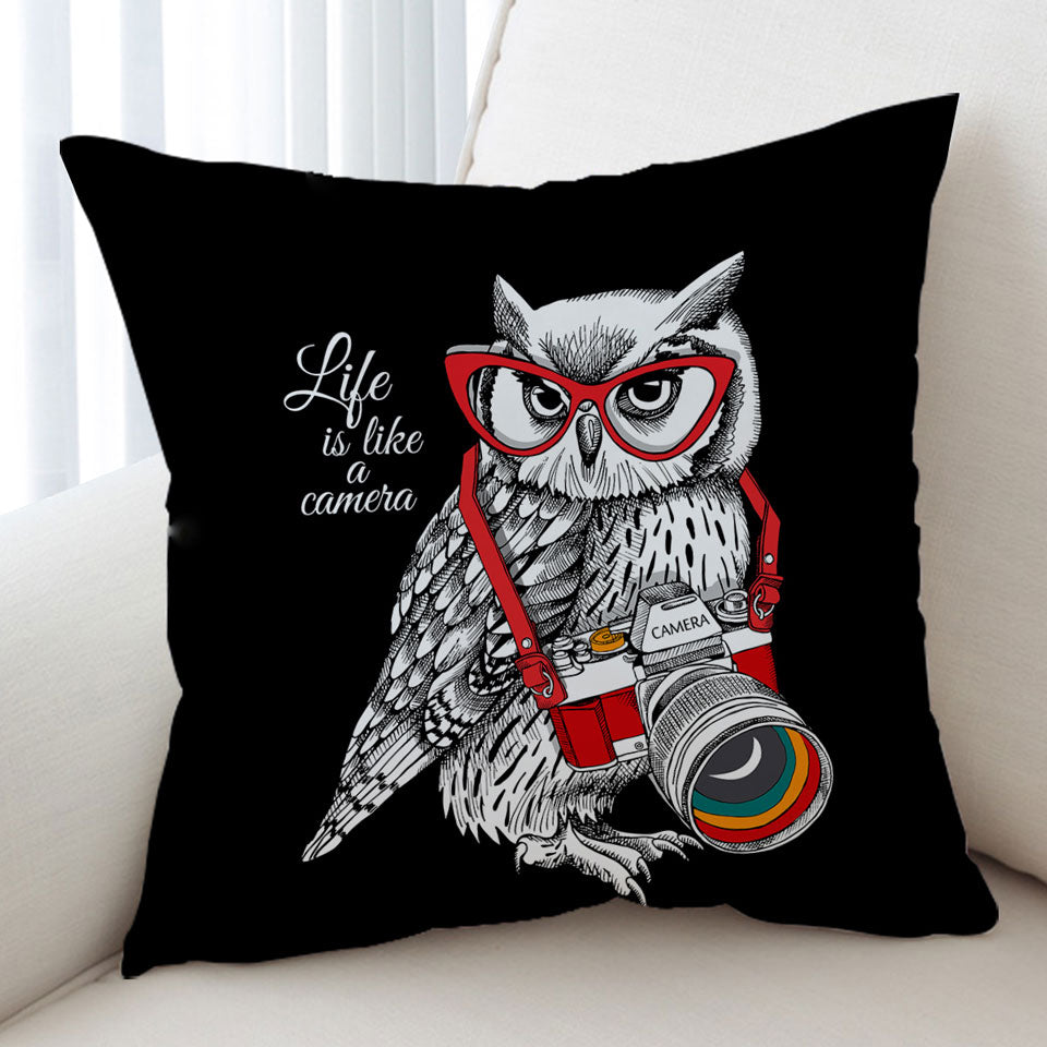 Funny Retro Throw Cushions with Hipster Photographer Owl