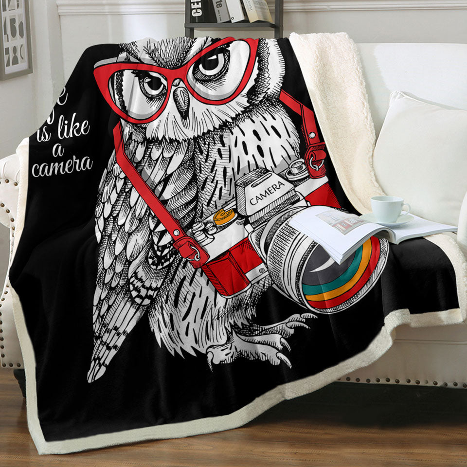 Funny Retro Throws with Hipster Photographer Owl