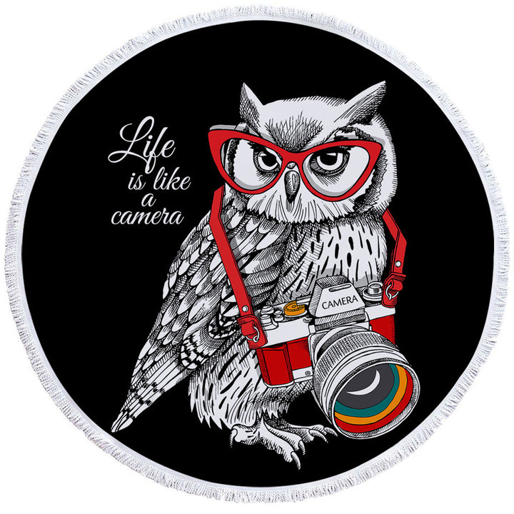 Funny Retro Travel Beach Towel with Hipster Photographer Owl