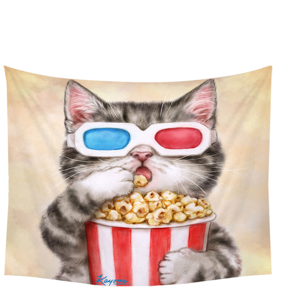 Funny Room Decor Kittens Eating Popcorn Grey Kitty Cat Tapestry
