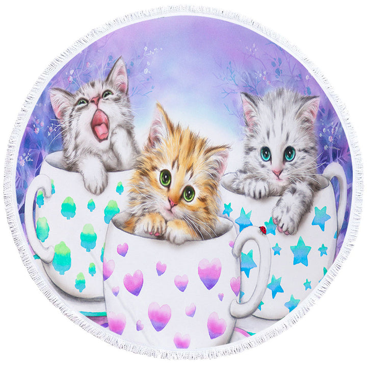 Funny Round Beach Towel Cats Art Coffee Cups with Cute Kittens