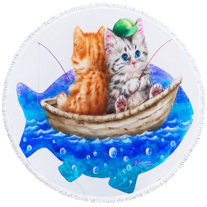 Funny Round Beach Towel Cats Art Drawing Fishing Buddies Kittens