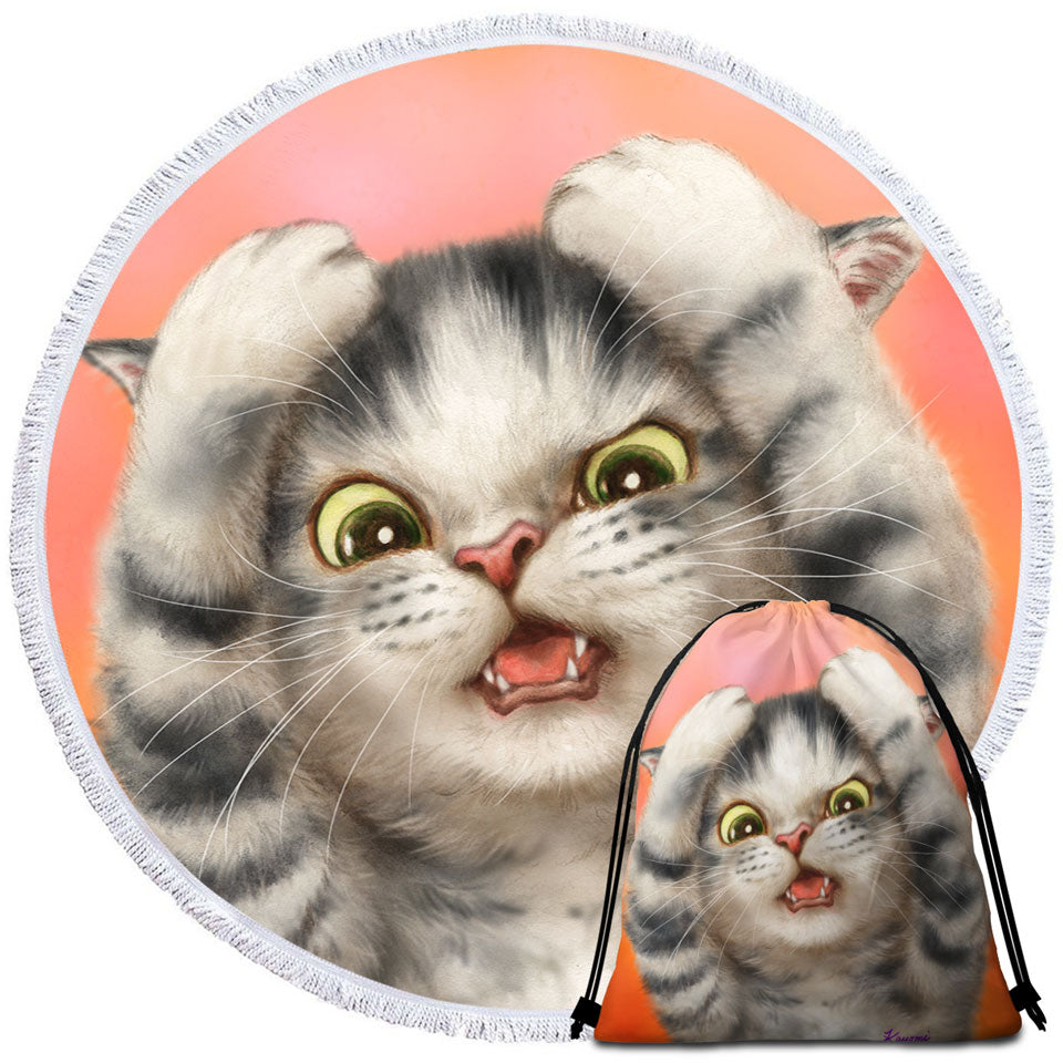 Funny Round Beach Towel Cats Cute Kitten Surprised