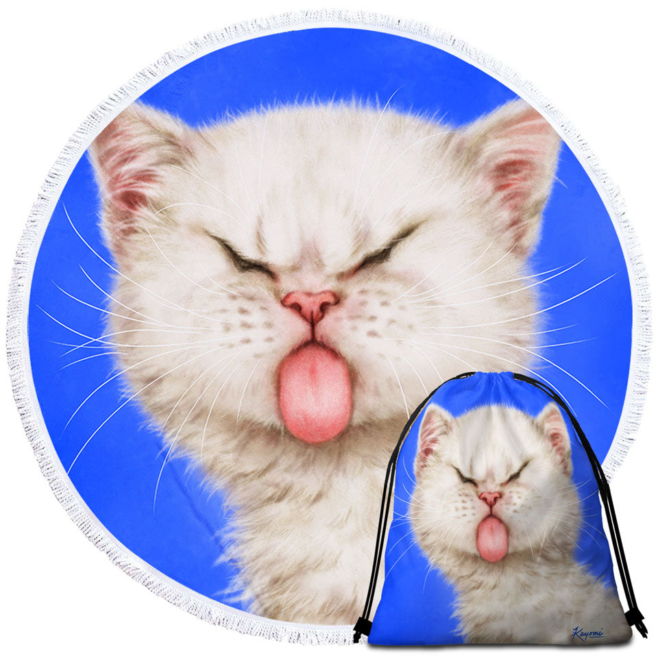 Funny Round Beach Towel Cats Silly Face Tongue Out Kitten
