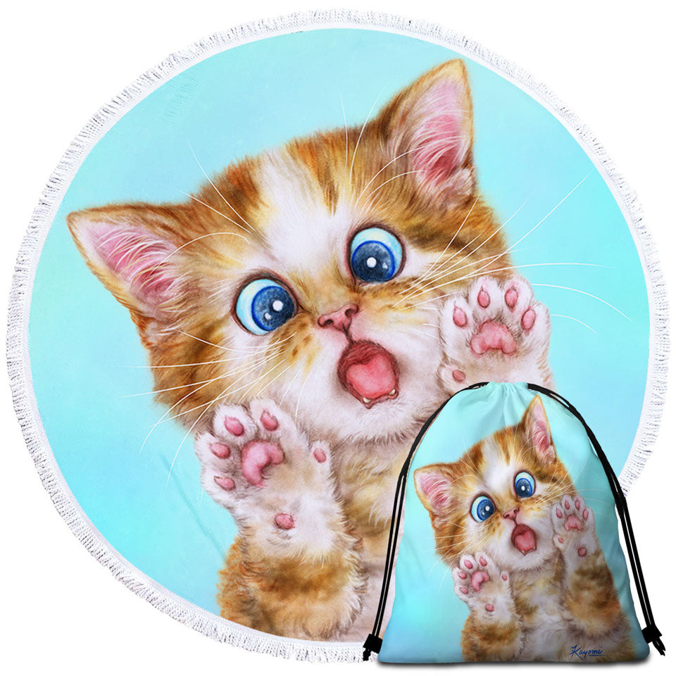 Funny Round Beach Towel Cats Surprised Ginger Tabby Kitty Cat