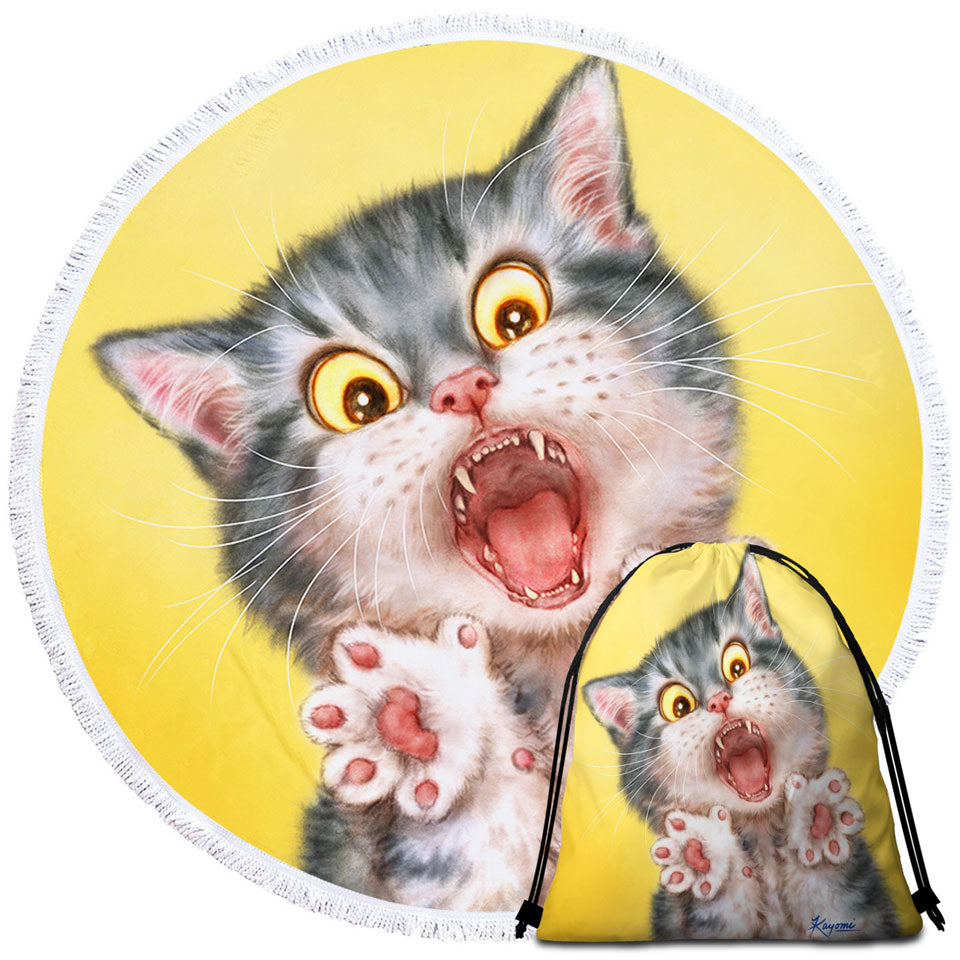 Funny Round Beach Towel Painted Cats Screaming Grey Kitten