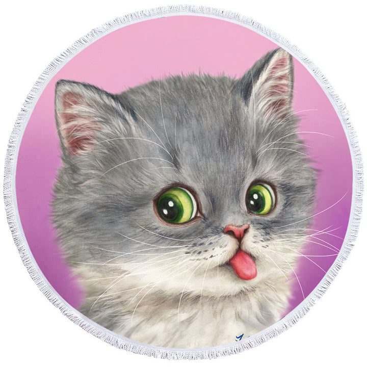 Funny Round Beach Towel Tongue Out Funny Face Grey Kitten Cat