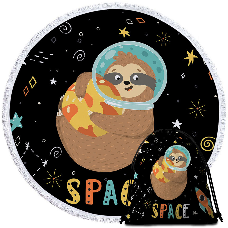 Funny Round Beach Towel with Astronaut Sloth in Space