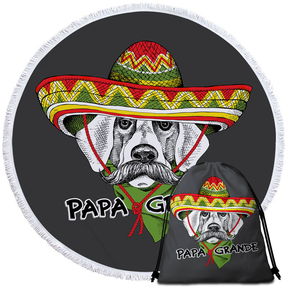 Funny Round Beach Towel with Mexican Dog Wearing Sombrero