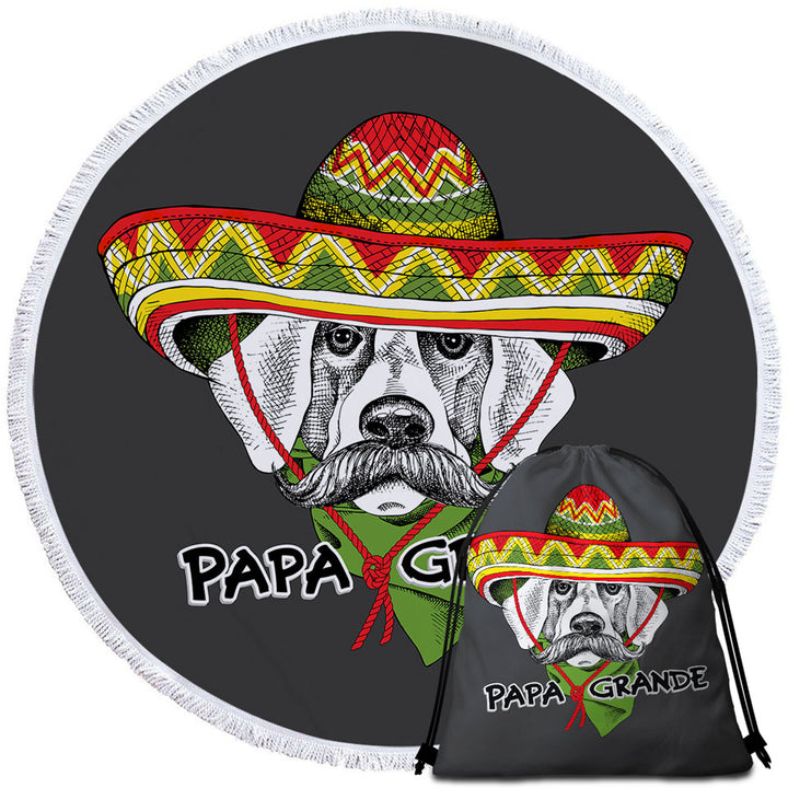 Funny Round Beach Towel with Mexican Dog Wearing Sombrero