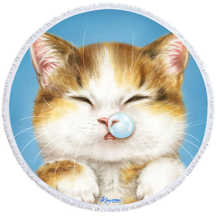 Funny Round Beach Towels Drawings for Kids Cute Sleepy Kitty Cat