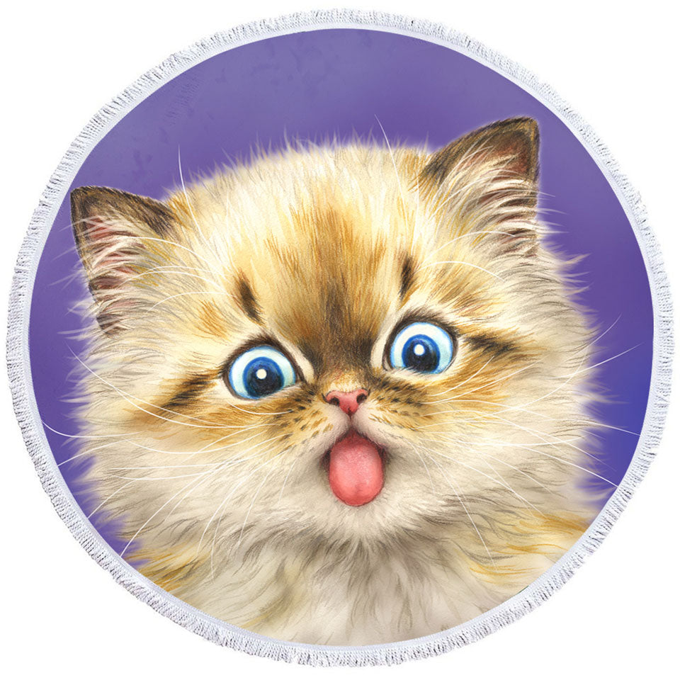 Funny Round Beach Towels Fool Face Kitten Cat with Tongue Out
