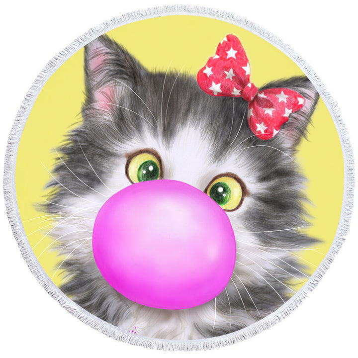 Funny Round Towels Cat Prints Bubble Gum Girl Kitten