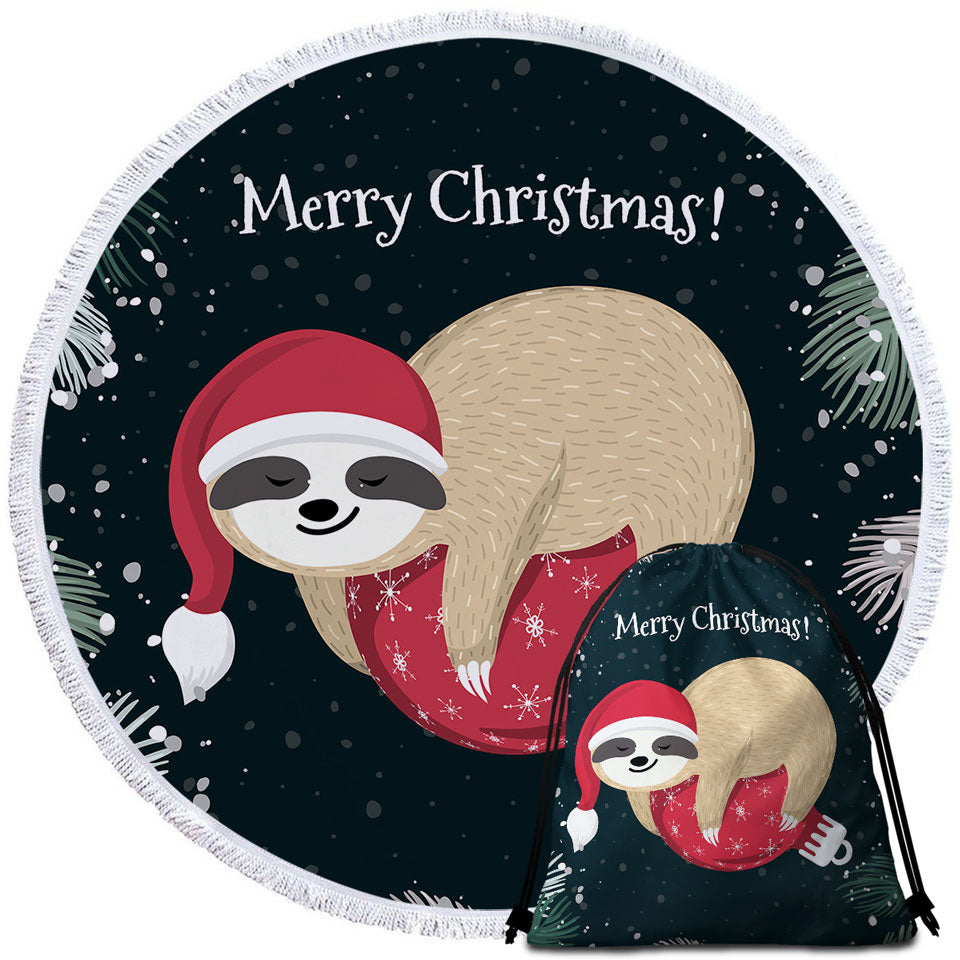 Funny Santa Sloth Round Beach Towel for Christmas