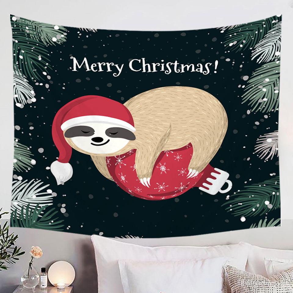 Funny Santa Sloth Sleeping on Christmas Wall Decor Tapestry