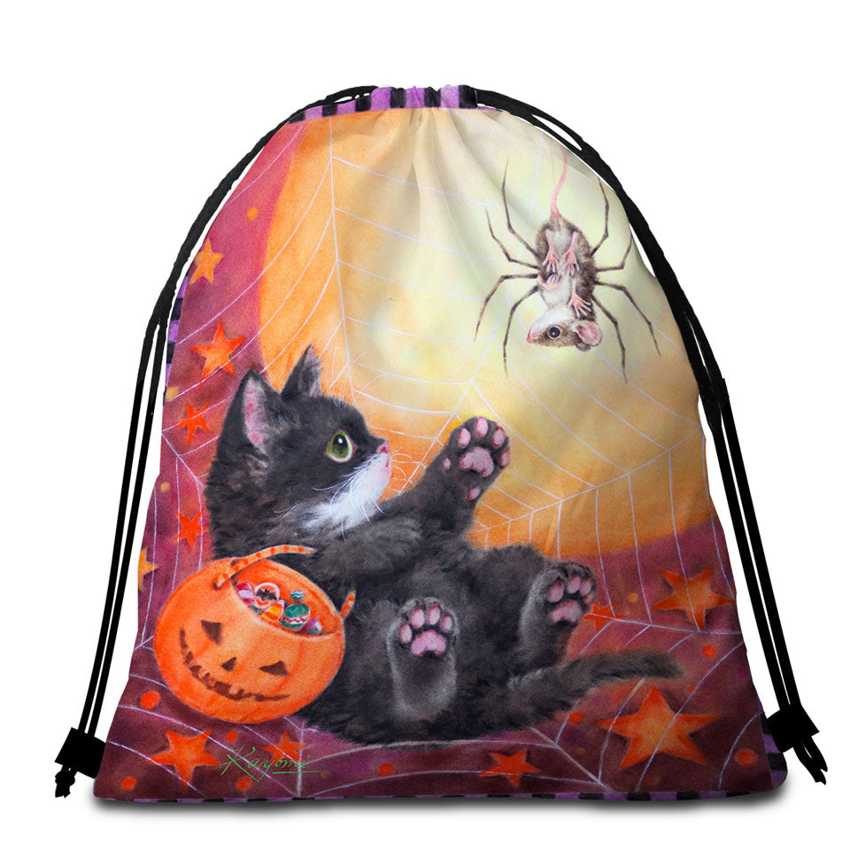Funny Scary Halloween Beach Towel Bags Spider Mouse and Kitten
