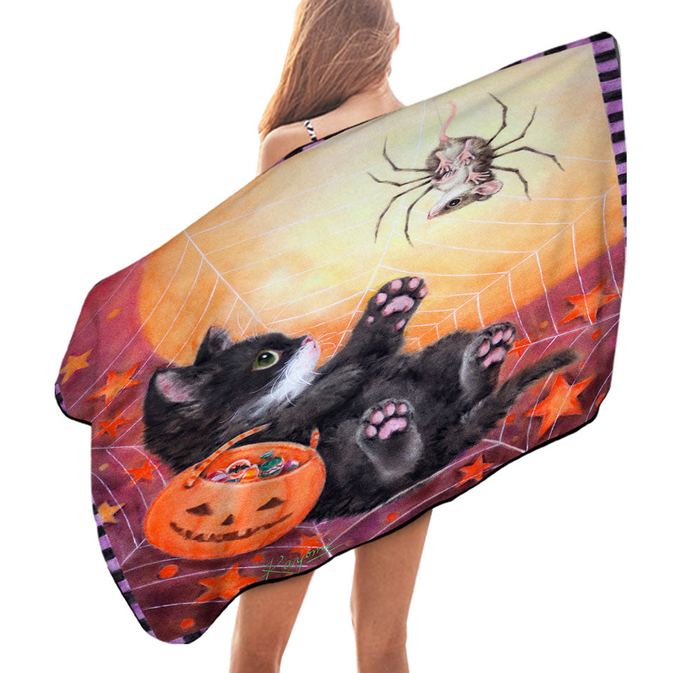Funny Scary Halloween Beach Towels Spider Mouse and Kitten