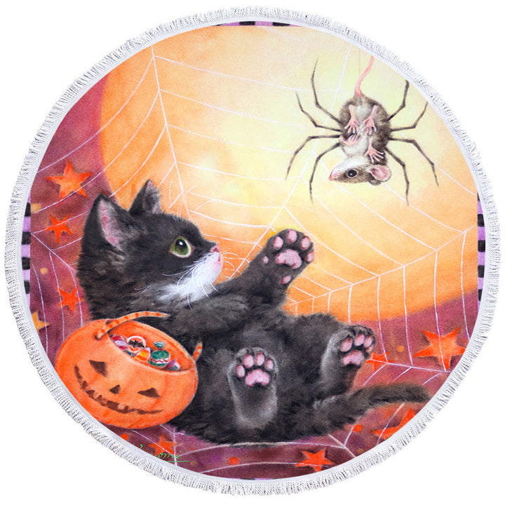Funny Scary Halloween Circle Beach Towel Spider Mouse and Kitten
