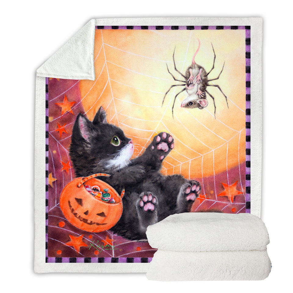 Funny Scary Halloween Fleece Blankets Spider Mouse and Kitten