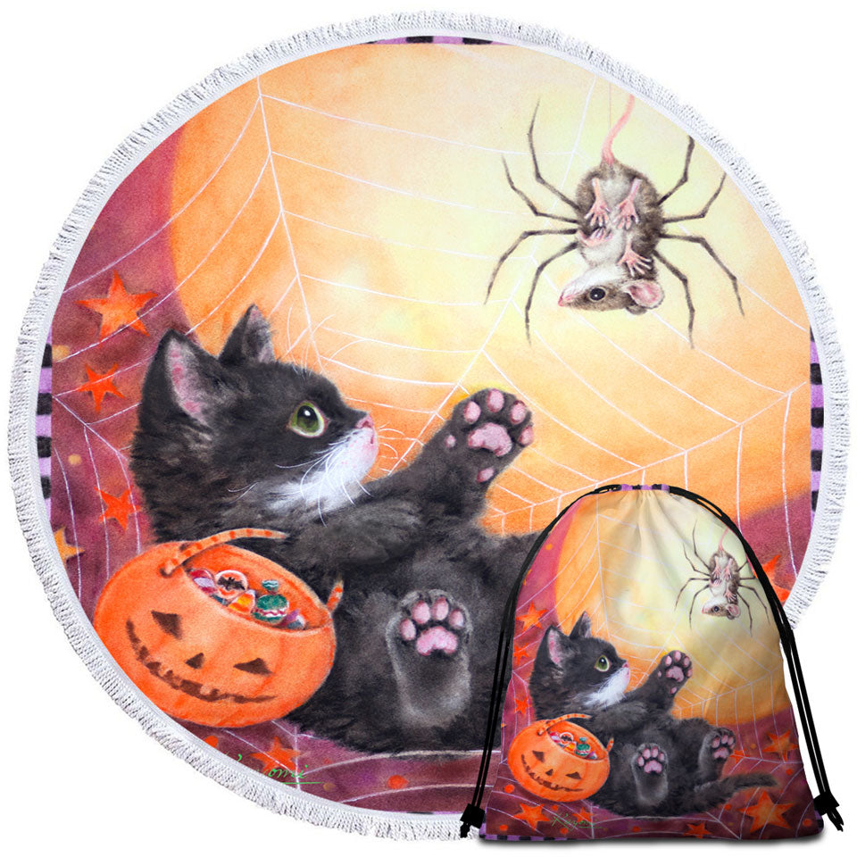 Funny Scary Halloween Round Beach Towel Spider Mouse and Kitten