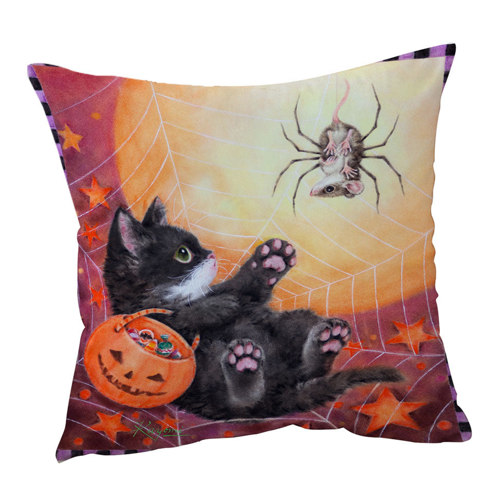 Funny Scary Halloween Throw Pillows Spider Mouse and Kitten
