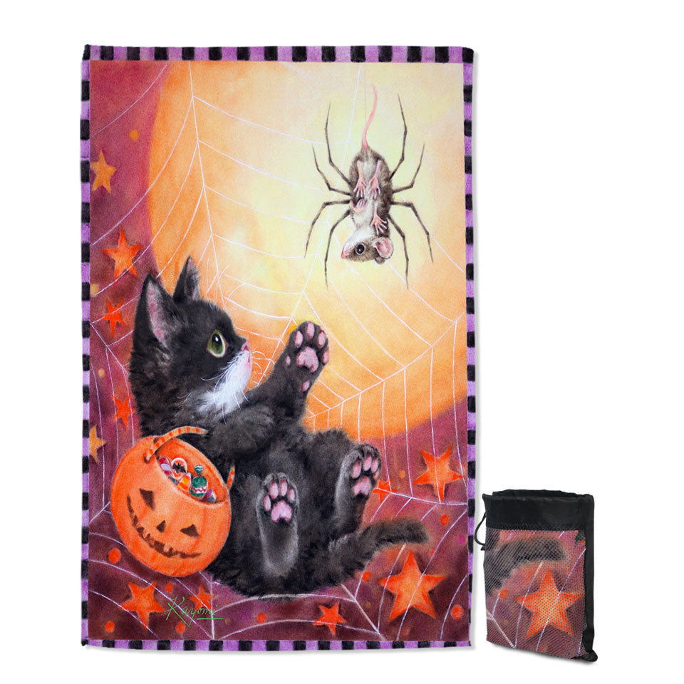 Funny Scary Halloween Travel Beach Towel Spider Mouse and Kitten