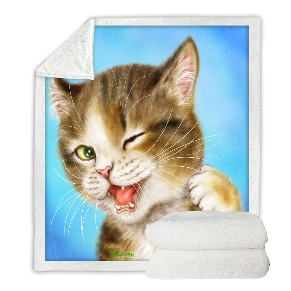 Funny Sherpa Blankets for Kids Cats Winking Little Kitty