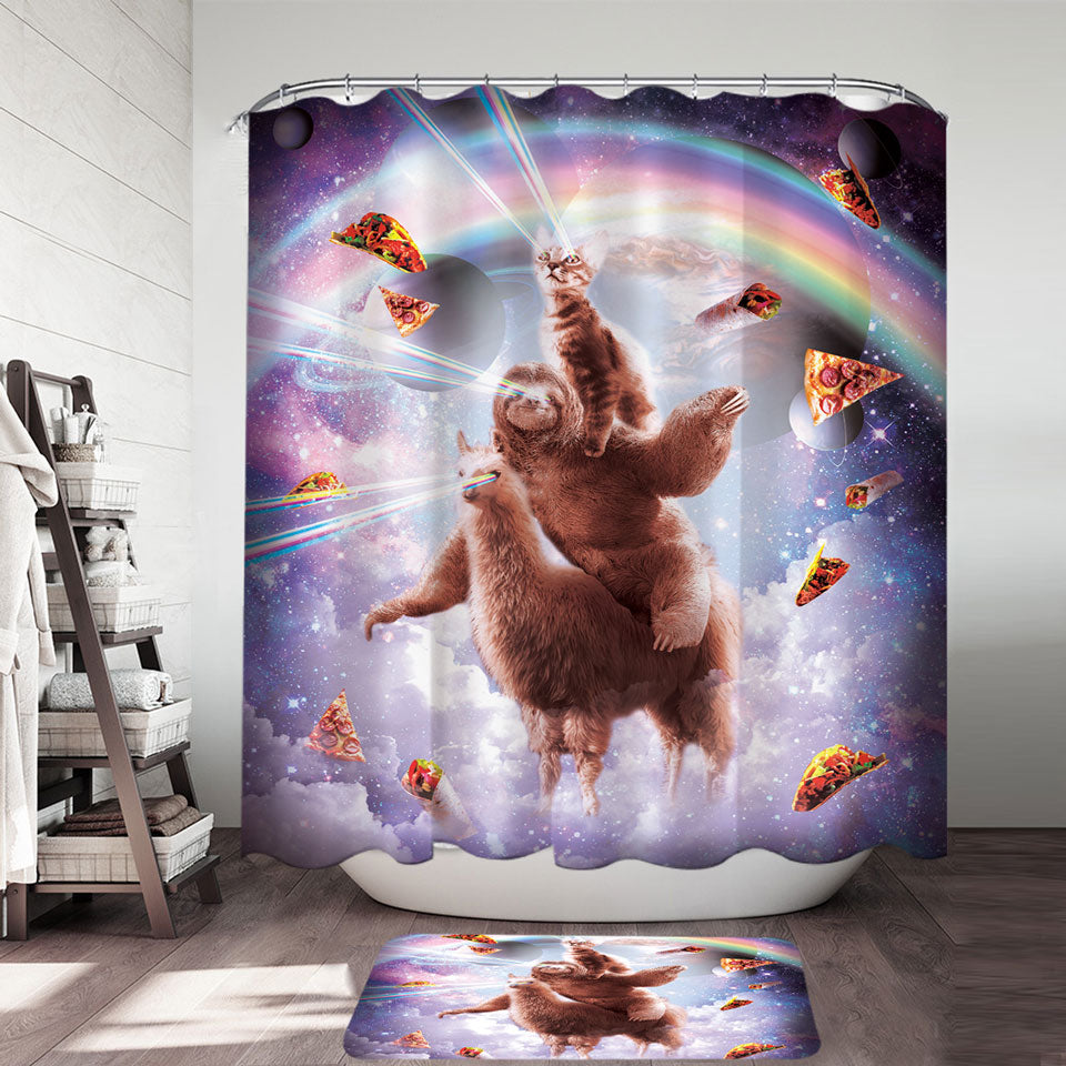 Funny Shower Curtains Crazy Art Space Cat Riding a Sloth Riding a Llama