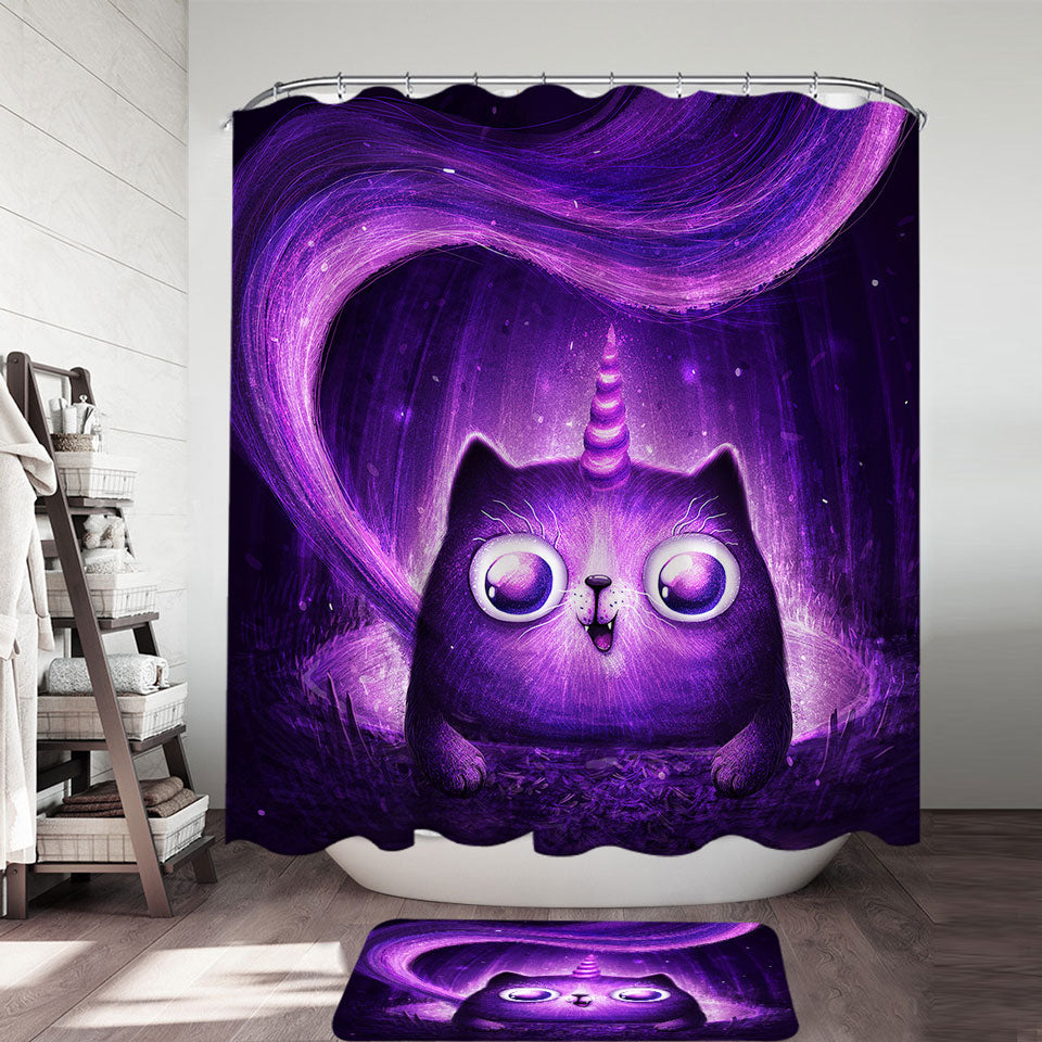 Funny Shower Curtains Crazy Eyes Purple Unicorn Cat