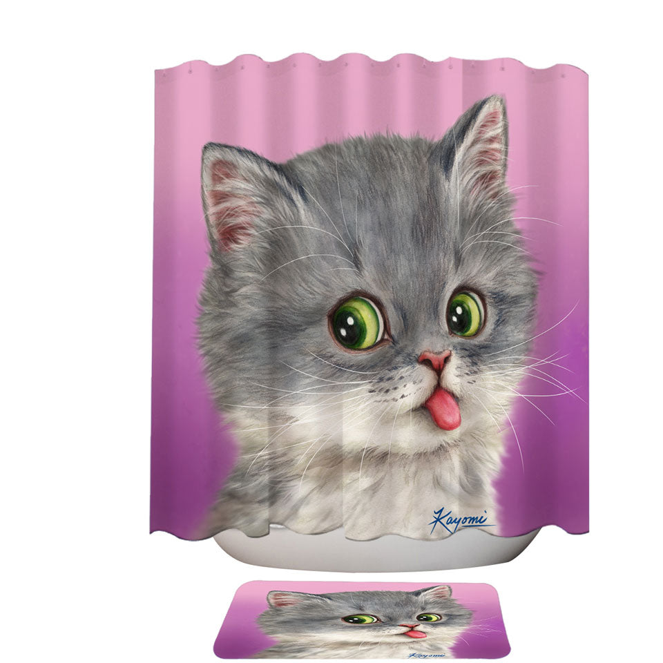 Funny Shower Curtains Tongue Out Funny Face Grey Kitten Cat