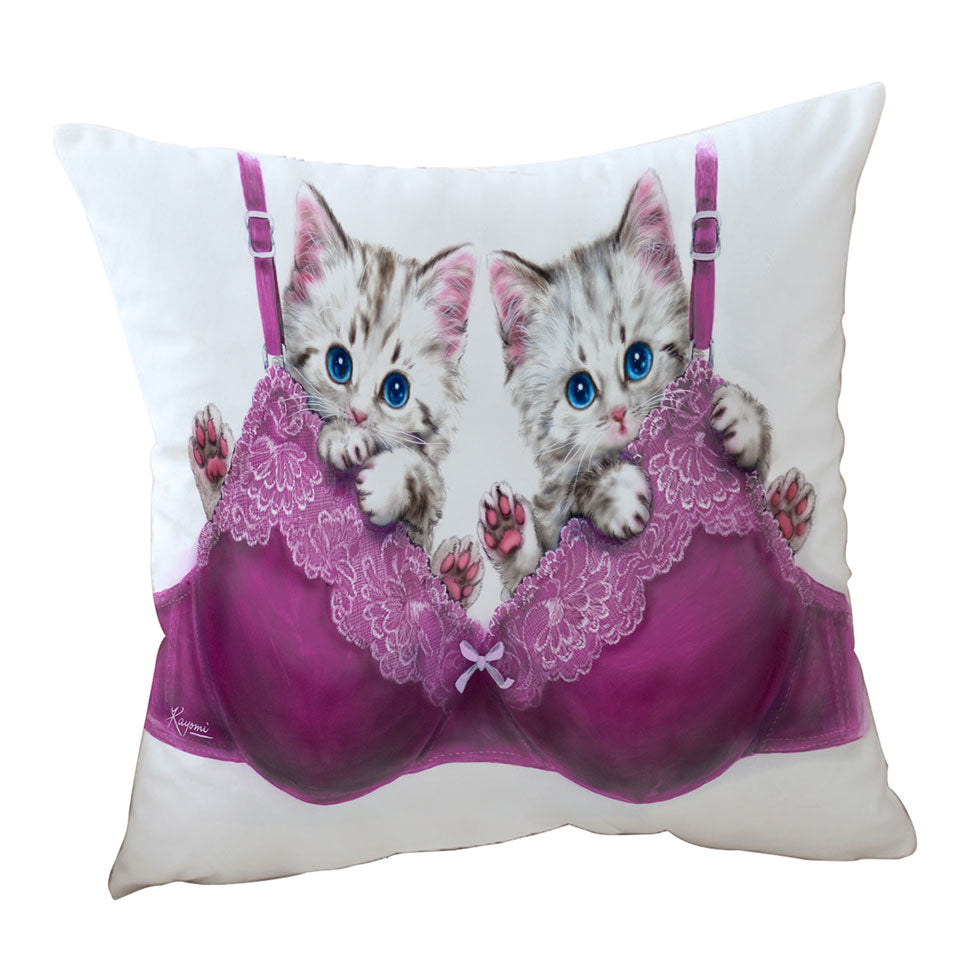 Funny Sofa Pillows Cats in Purple Bra Cute Grey Kittens