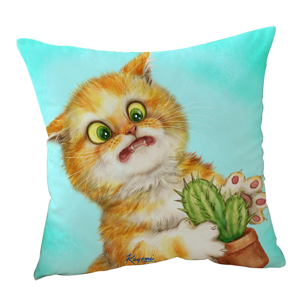 Funny Sofa Pillows Ginger Cat Playing with a Cactus