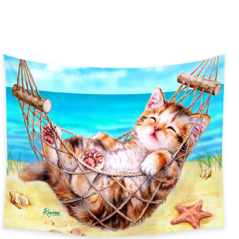 Funny Tapestries Art Designs for Children Kitten Beach Time Wall Decor